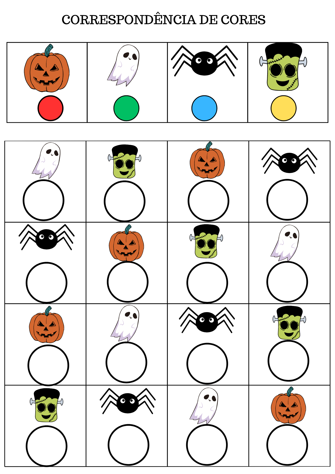 A atividade de correspondência de cores com tampinhas e figuras temáticas de Halloween,